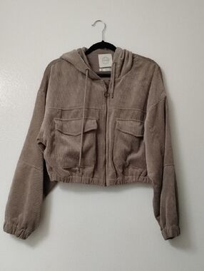 Stoosh Taupe Hooded Corduroy Cropped Utility Jacket